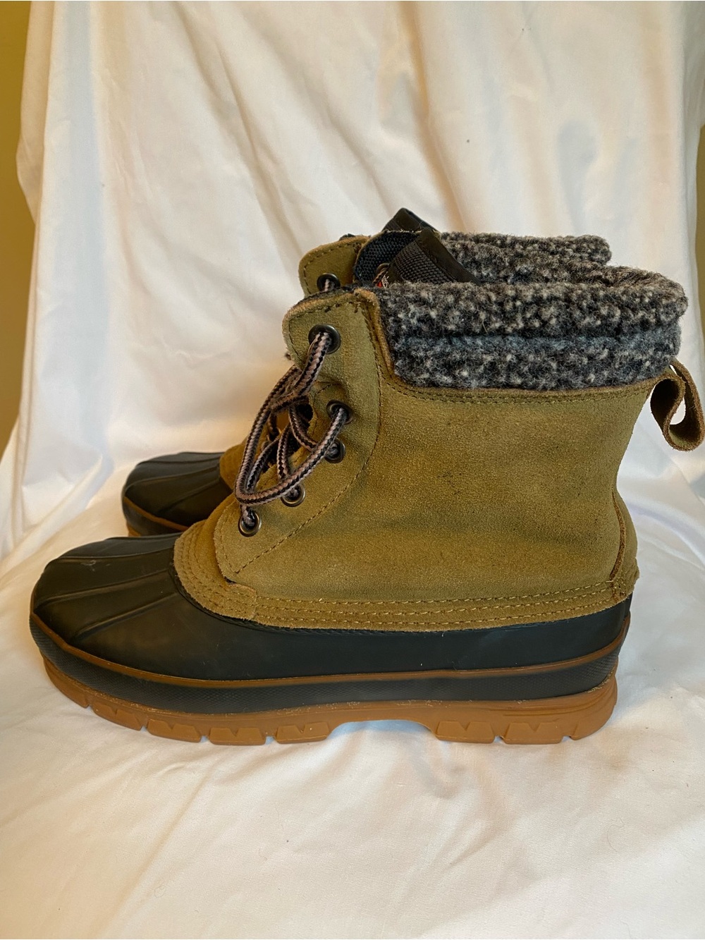 Women's Olive Suede Winter Duck Boots with Knit Collar